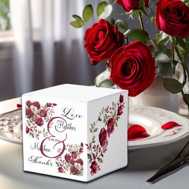 Burgundy Floral Modern Script Wedding Favour Box (Creator Uploaded)