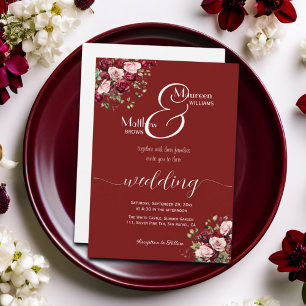 Burgundy Floral Modern Script Wedding Invitation