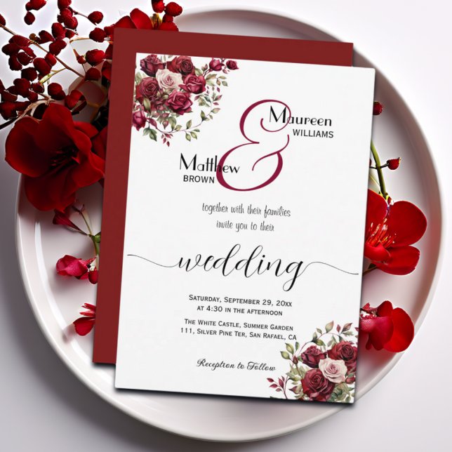 Burgundy Floral Modern Script Wedding Invitation (Creator Uploaded)
