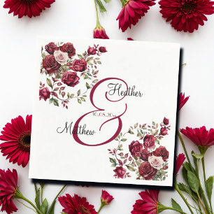 Burgundy Floral Modern Script Wedding Napkin