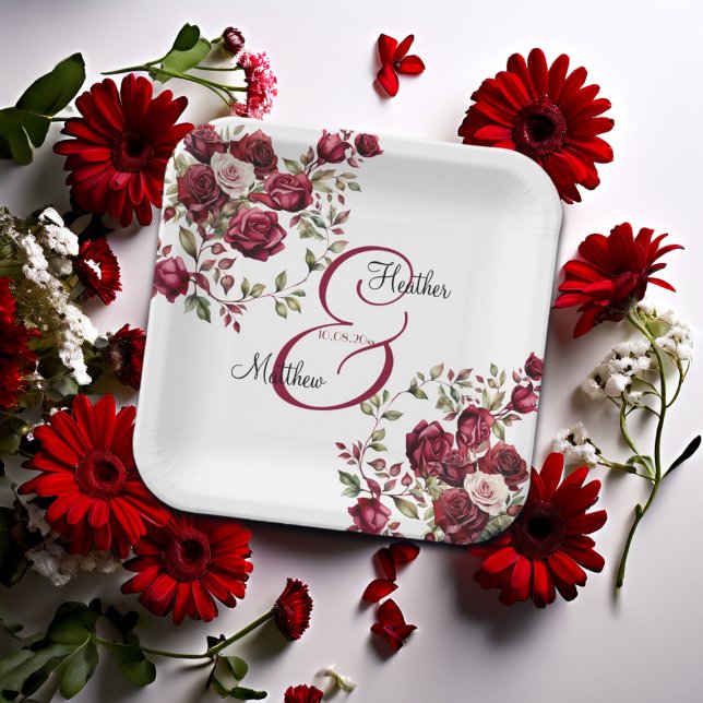 Burgundy Floral Modern Script Wedding Paper Plate (Creator Uploaded)