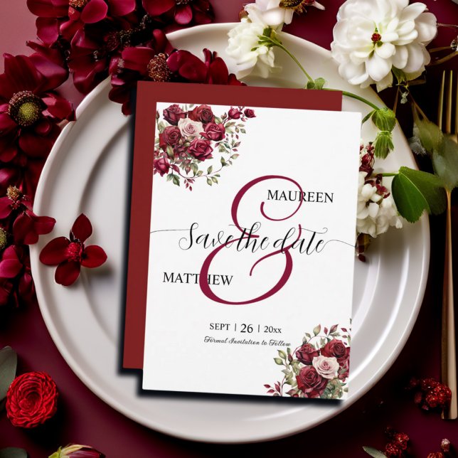 Burgundy Floral Modern Script Wedding Save The Date (Creator Uploaded)