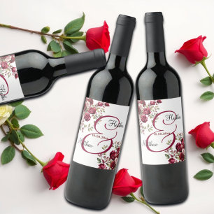 Burgundy Floral Modern Script Wedding Wine Label
