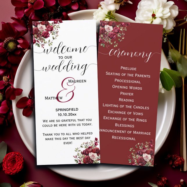 Burgundy Floral Modern Wedding Ceremony Program  (Creator Uploaded)