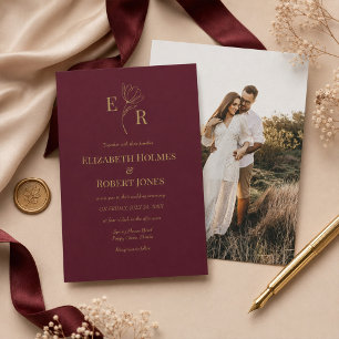 Burgundy Floral Monogram Custom Photo Invitation