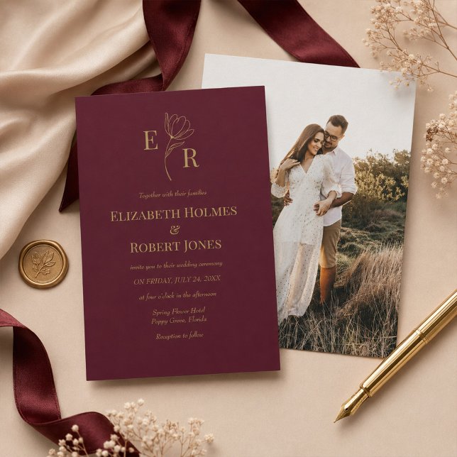Burgundy Floral Monogram Custom Photo Invitation (Burgundy Floral Monogram Custom Photo Invitation on a table with elegant wedding decor)