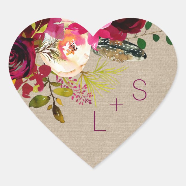 Burgundy Floral monogram heart favour sticker 3979 (Front)