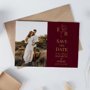 Burgundy Floral Monogram Photo Save the Date Card