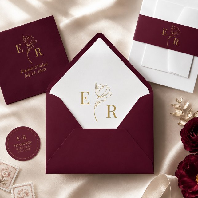 Burgundy Floral Monogram Wedding Envelope (Burgundy Floral Monogram Wedding Envelope with burgundy and gold stationery)