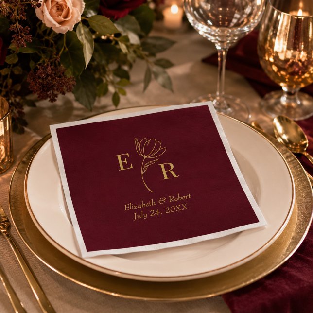 Burgundy Floral Monogram Wedding Napkins (Burgundy Floral Monogram Wedding Napkins on an elegant wedding table)