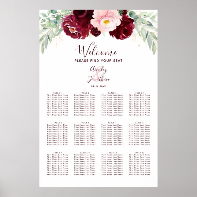 Burgundy Floral Monogram Wedding Seating Chart (Front)
