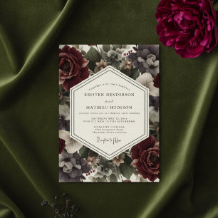 Burgundy Floral Moody Wedding Invitation