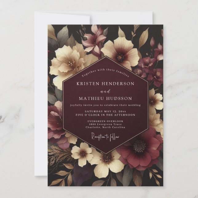 Burgundy Floral Moody Wedding Invitation (Front)