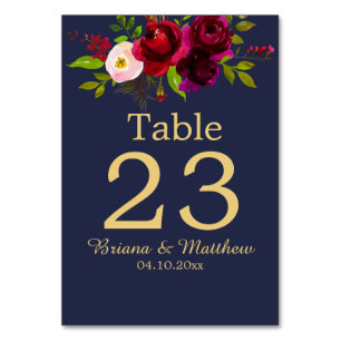 Burgundy Floral Navy Blue Elegant Script Table Number