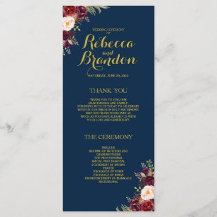 Burgundy Floral Navy Blue Gold Custom Wedding Programme
