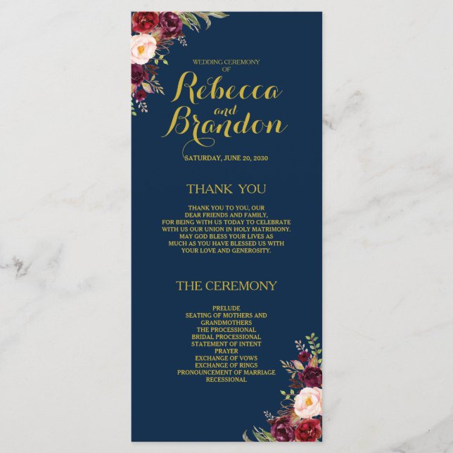 Burgundy Floral Navy Blue Gold Custom Wedding Programme (Front)