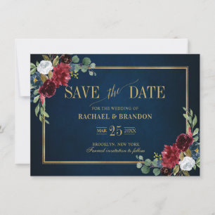 Burgundy Floral Navy Blue Gold Frame Save the Date