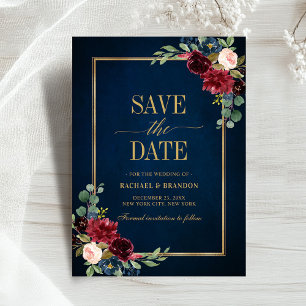 Burgundy Floral Navy Blue Gold Frame Save the Date