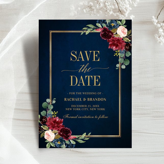 Burgundy Floral Navy Blue Gold Frame Save the Date (Burgundy Floral Navy Blue Gold Frame Save the Date card)