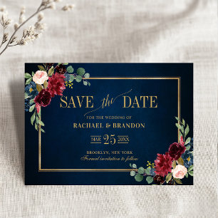 Burgundy Floral Navy Blue Gold Frame Save the Date