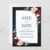 Burgundy Floral Navy Blue Gold Frame Save the Date