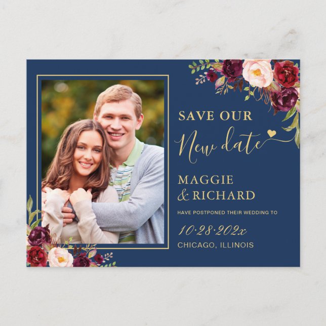 Burgundy Floral Navy Blue Gold Save The New Date Postcard (Front)