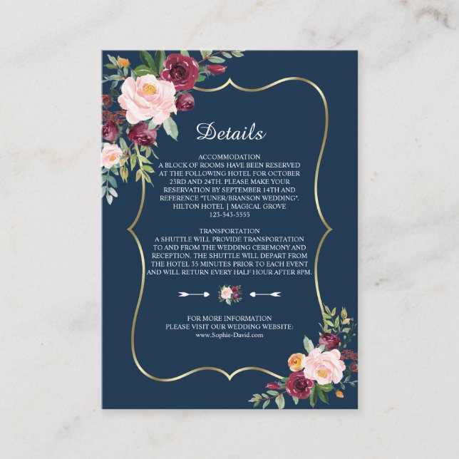 Burgundy Floral Navy Blue Gold Wedding Details Enclosure Card (Front)