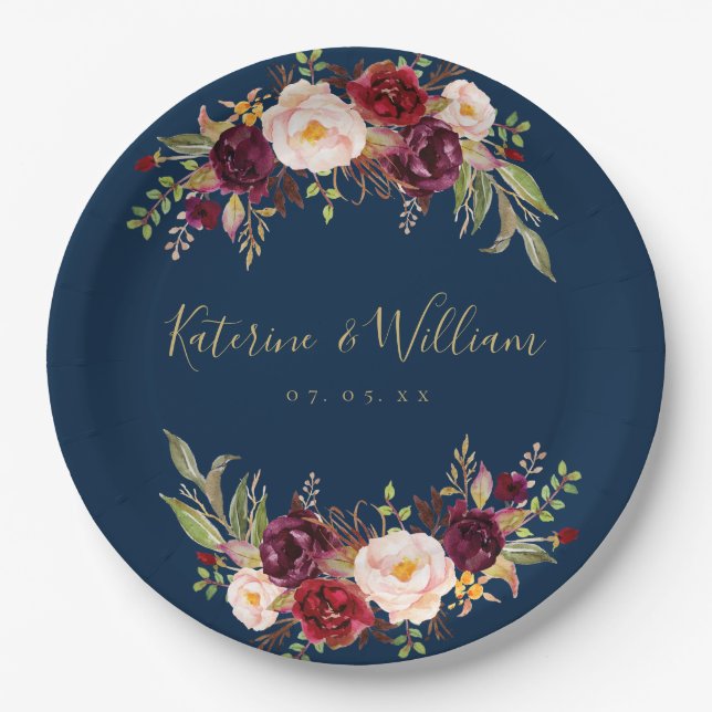 Burgundy Floral Navy Blue Gold Wedding Engagement Paper Plate (Front)