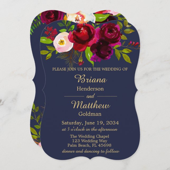Burgundy Floral Navy Blue Gold Wedding Invitation (Front/Back)