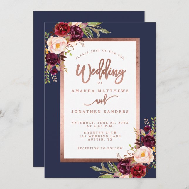 Burgundy Floral Navy Blue Rose Gold Script Wedding Invitation (Front/Back)