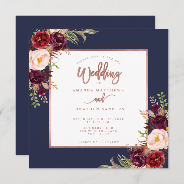 Burgundy Floral Navy Blue Rose Gold Script Wedding Invitation (Front/Back)