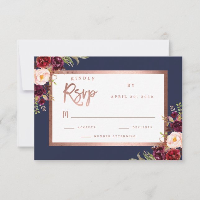 Burgundy Floral Navy Blue Rose Gold Script Wedding RSVP Card (Front)