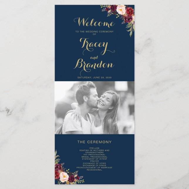 Burgundy Floral Navy Blue Script Photo Wedding Programme (Front)