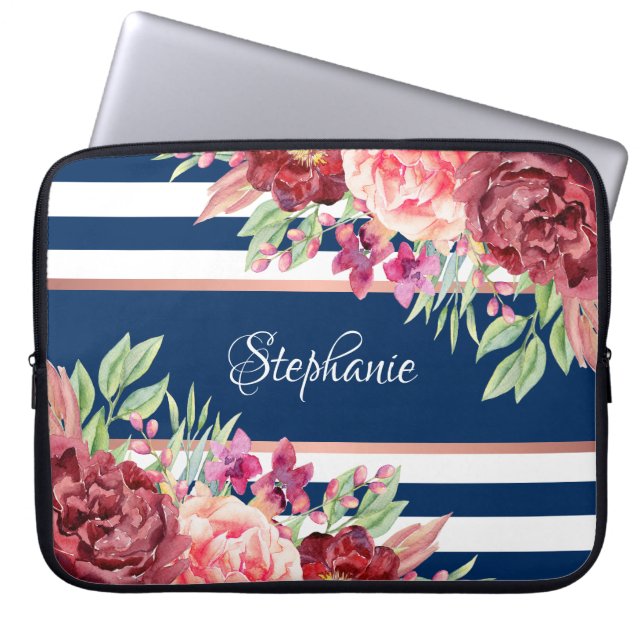 Burgundy Floral Navy Blue Stripes Personalized Laptop Sleeve (Front)
