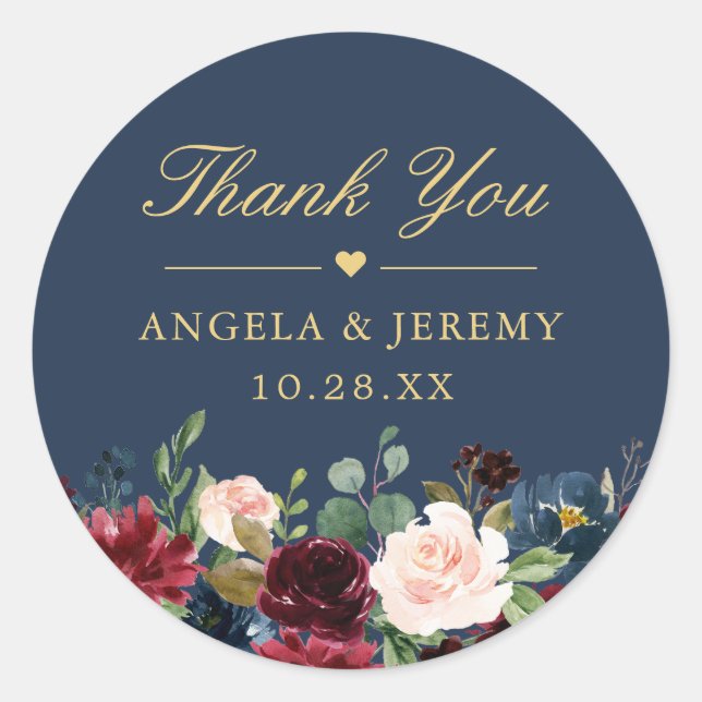 Burgundy Floral Navy Blue Thank You Wedding Favour Classic Round Sticker (Front)