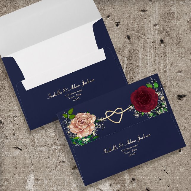 Burgundy Floral Navy Blue Wedding Envelope (Creator Uploaded)