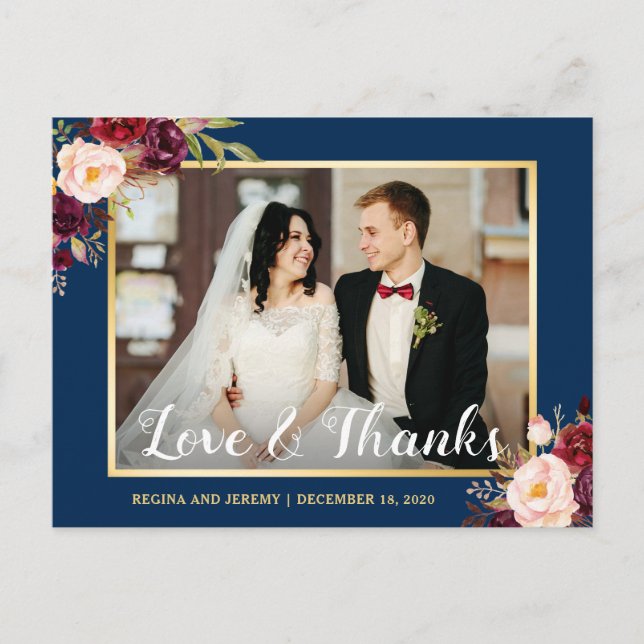 Burgundy Floral Navy Blue Wedding Photo Thank You Postcard (Front)