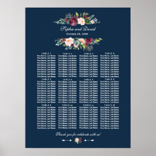 Burgundy Floral Navy Blue Wedding Seating Chart