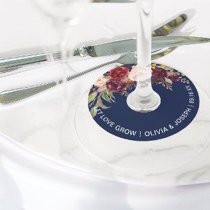 Burgundy Floral Navy Blue Wedding Wine Glass Tag