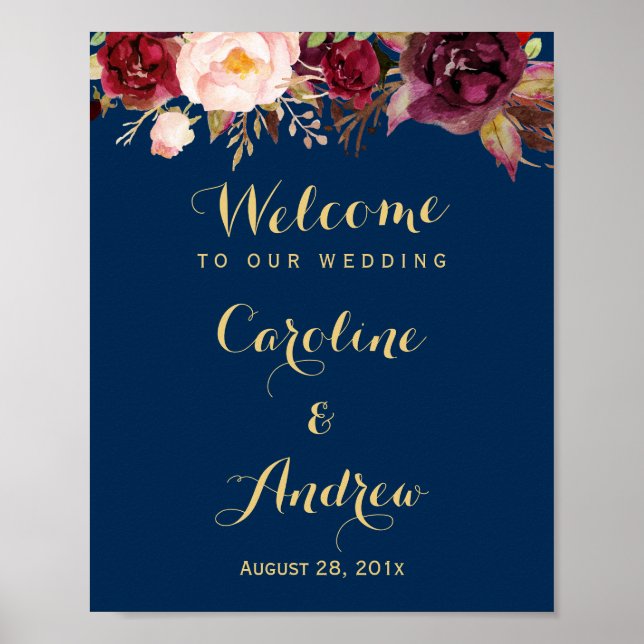 Burgundy Floral Navy Blue Welcome Wedding Sign (Front)
