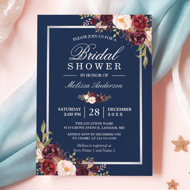 Burgundy Floral Navy Blue Winter Bridal Shower Invitation (Creator Uploaded)