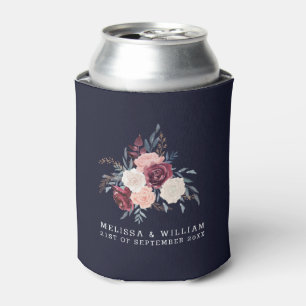 Burgundy Floral Navy Bride and Groom Wedding Can Cooler