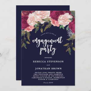 Burgundy floral navy engagement party invitation