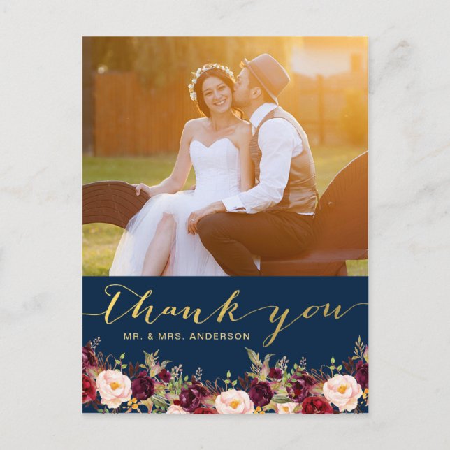 Burgundy Floral Navy Gold Photo Wedding Thank You Postcard (Front)