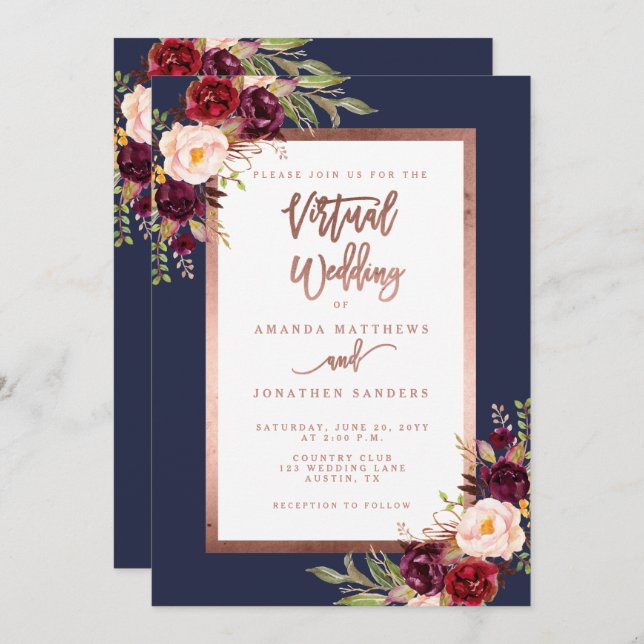 Burgundy Floral Navy Rose Gold Virtual Wedding Invitation (Front/Back)