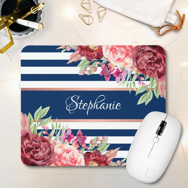 Burgundy Floral Navy Stripes Monogram Name Mouse Pad (Creator Uploaded)