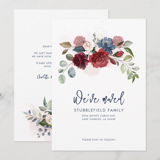 Burgundy Floral New Address Moving Announcement (Front/Back)