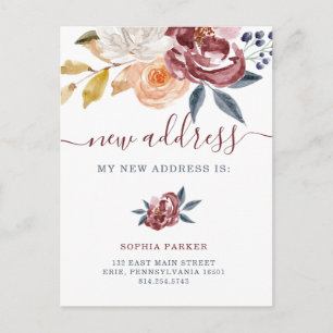 Burgundy Floral New Address Moving Announcement Postcard