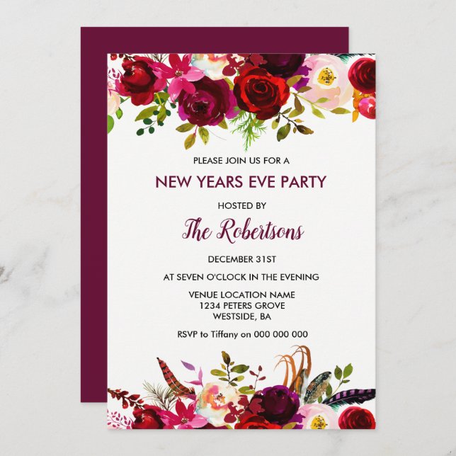 Burgundy Floral New Years Eve Party Invite (Front/Back)