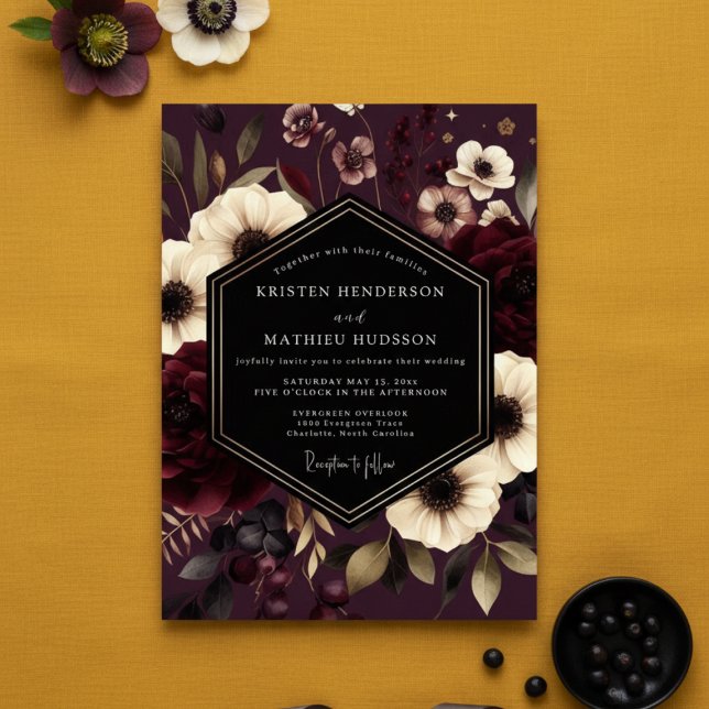 Burgundy Floral Night Wedding Invitation (Creator Uploaded)